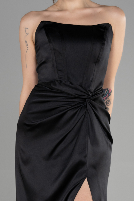 Long Black Satin Prom Gown ABU3474