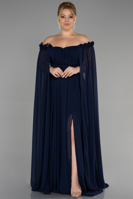 Long Navy Blue Chiffon Plus Size Evening Dress ABU3464