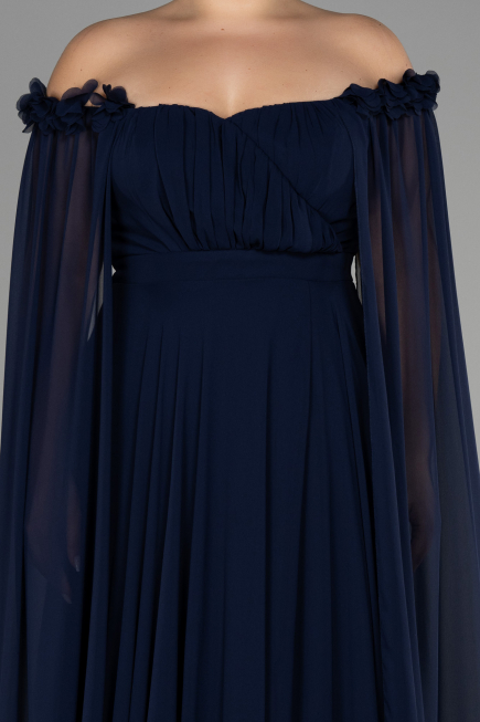 Long Navy Blue Chiffon Plus Size Evening Dress ABU3464