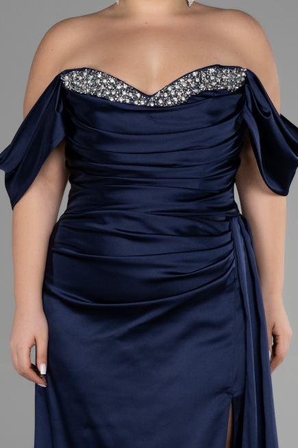 Long Navy Blue Satin Plus Size Evening Dress ABU3469