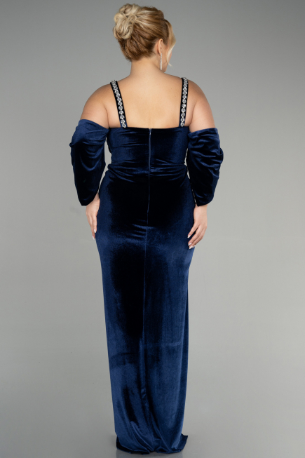 Long Navy Blue Velvet Plus Size Evening Dress ABU3336