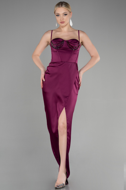 Long Plum Satin Evening Dress ABU3390