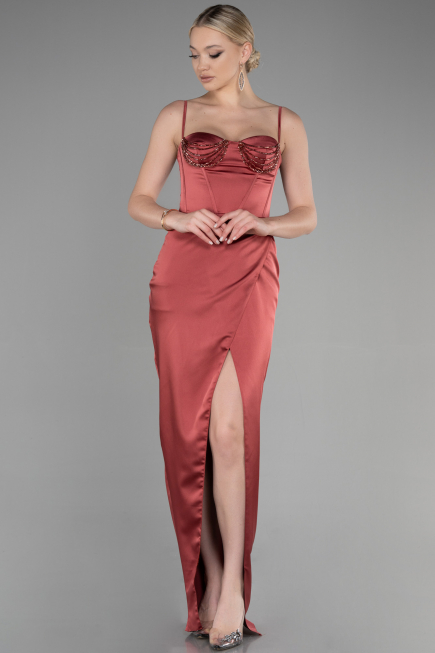 Long Light Brown Satin Evening Dress ABU3390