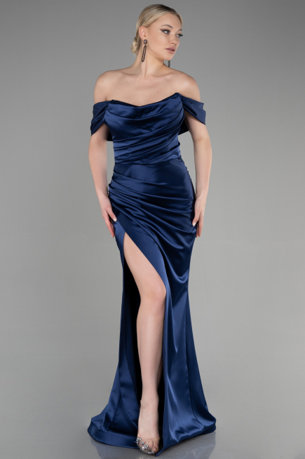 Long Navy Blue Satin Mermaid Evening Dress ABU3479