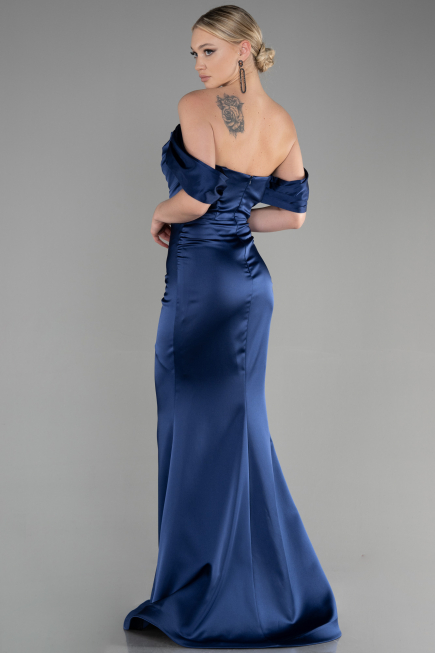 Long Navy Blue Satin Mermaid Evening Dress ABU3479