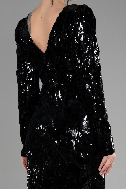 Short Black Sequined Velvet Invitation Dress ABK1909