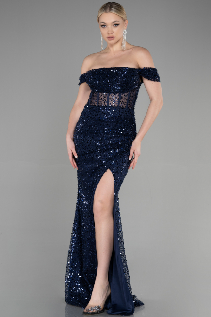 Long Navy Blue Scaly Evening Dress ABU3498