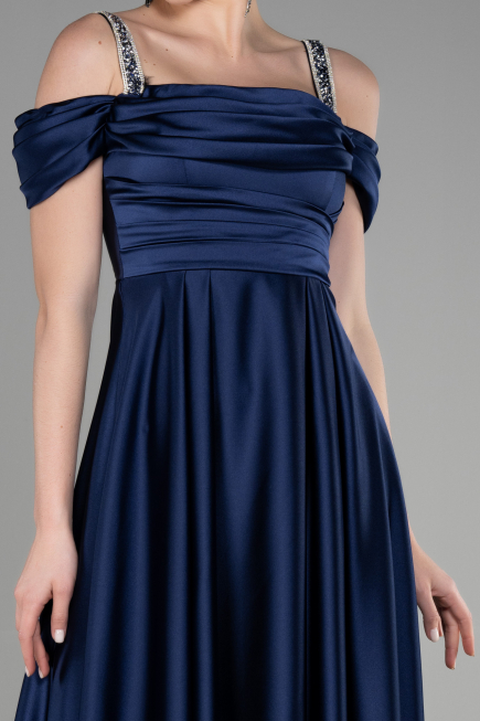 Long Navy Blue Satin Evening Dress ABU3499