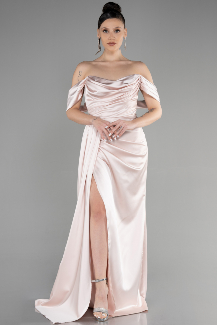 Long Beige Satin Prom Gown ABU3514