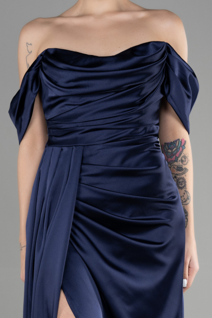 Long Navy Blue Satin Prom Gown ABU3514