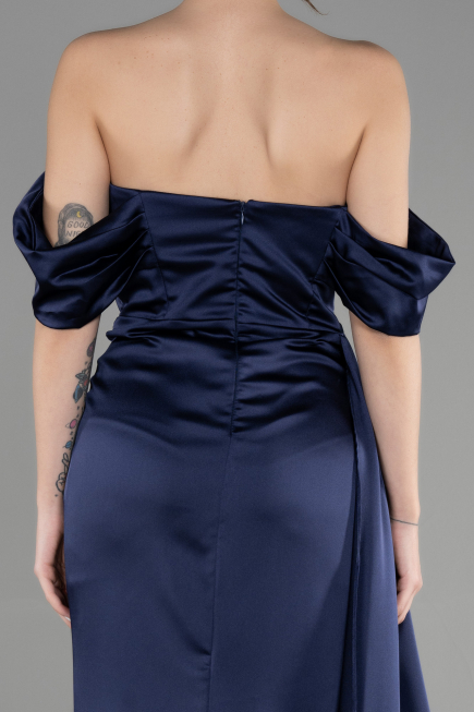 Long Navy Blue Satin Prom Gown ABU3514