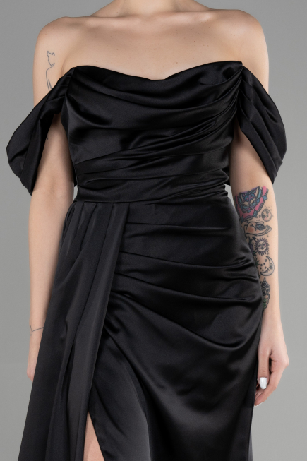 Long Black Satin Prom Gown ABU3514