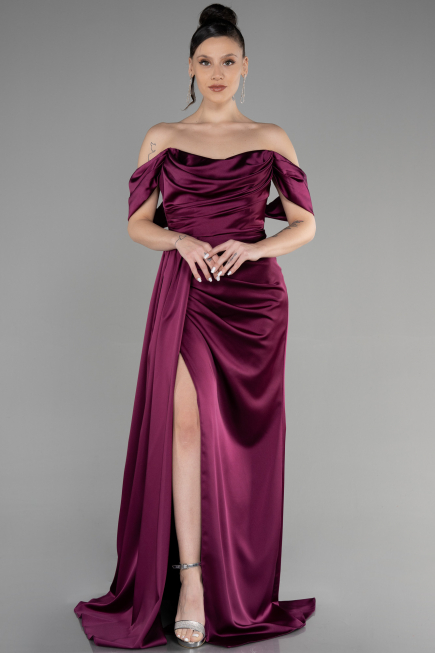 Long Cherry Colored Satin Prom Gown ABU3514