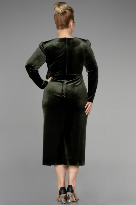 Midi Olive Drab Velvet Velvet Oversized Evening Dress ABK1897
