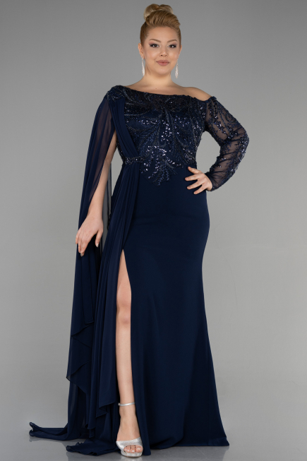 Long Navy Blue Dantelle Plus Size Evening Dress ABU3512