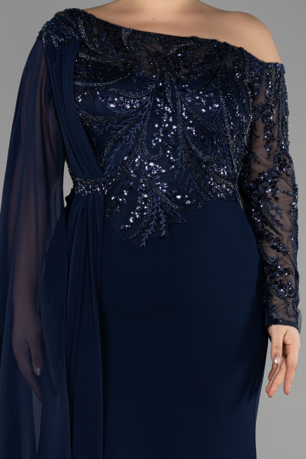 Long Navy Blue Dantelle Plus Size Evening Dress ABU3512