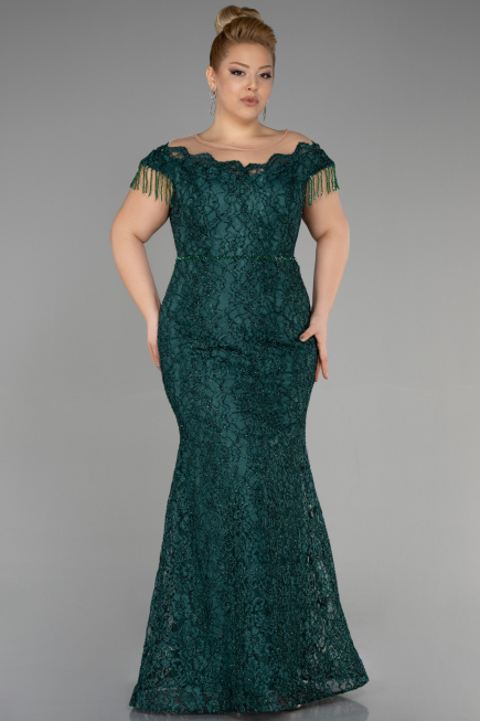 Emerald Green Long Laced Plus Size Evening Dress ABU3435