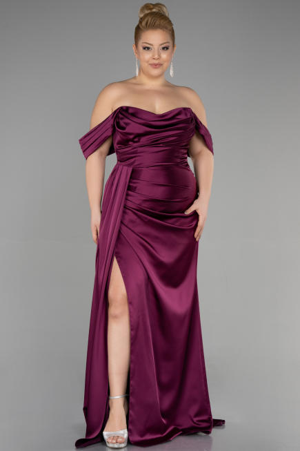 Long Cherry Colored Satin Plus Size Evening Dress ABU3515