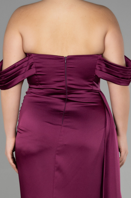 Long Cherry Colored Satin Plus Size Evening Dress ABU3515