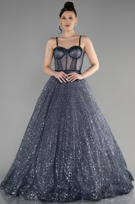 Long Anthracite Haute Couture Dress ABU3556