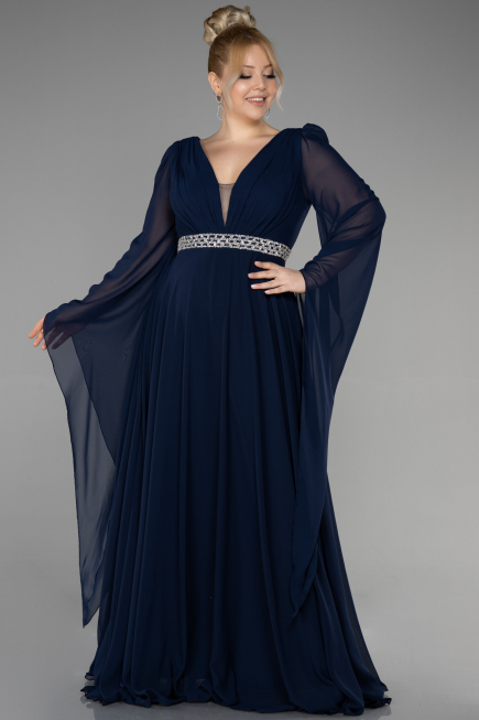 Long Navy Blue Chiffon Plus Size Evening Dress ABU3543
