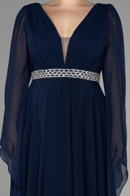 Long Navy Blue Chiffon Plus Size Evening Dress ABU3543
