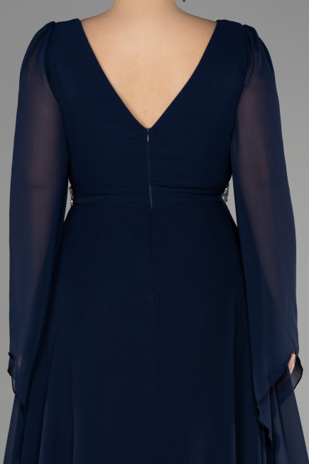 Long Navy Blue Chiffon Plus Size Evening Dress ABU3543