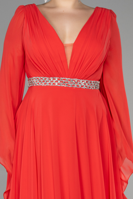 Long Coral Chiffon Plus Size Evening Dress ABU3543