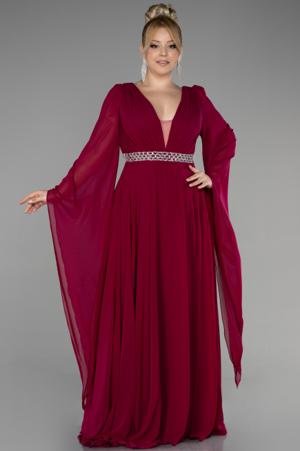 Long Cherry Colored Chiffon Plus Size Evening Dress ABU3543
