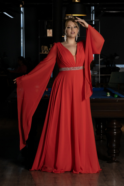 Long Coral Chiffon Plus Size Evening Dress ABU3543