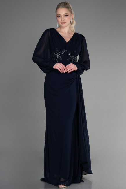 Long Navy Blue Chiffon Evening Dress ABU3627