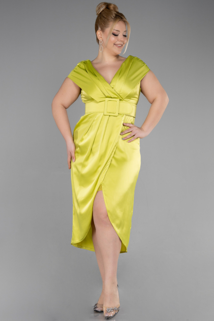 Pistachio Green Midi Satin Plus Size Evening Dress ABK1499