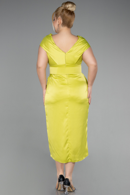 Pistachio Green Midi Satin Plus Size Evening Dress ABK1499