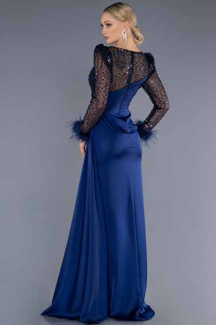 Long Navy Blue Satin Evening Dress ABU3673