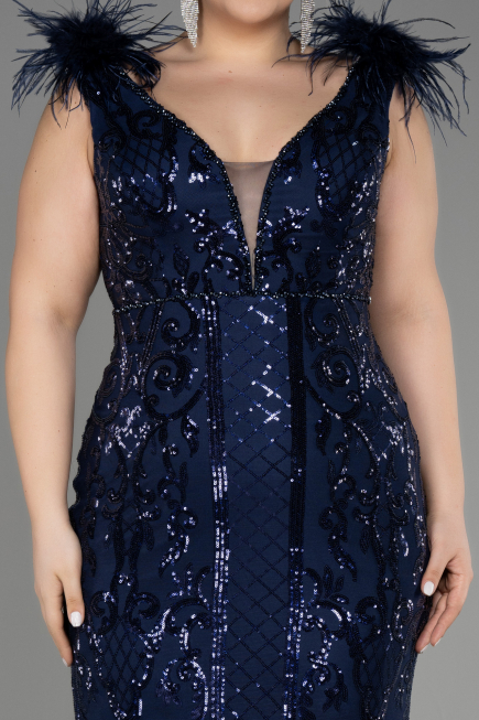 Long Navy Blue Scaly Plus Size Engagement Dress ABU3671