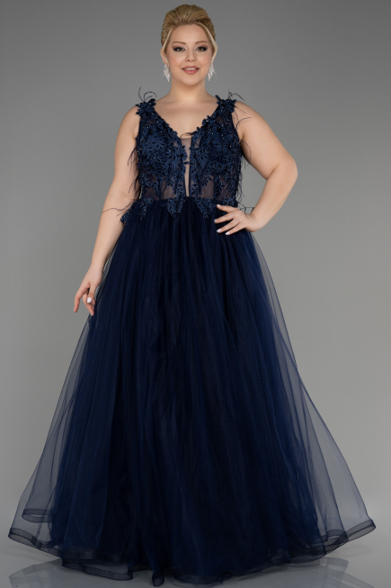 Long Navy Blue Plus Size Engagement Dress ABU3719