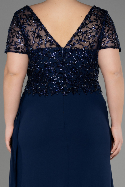 Long Navy Blue Chiffon Plus Size Engagement Dress ABU3731