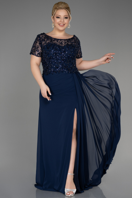 Long Navy Blue Chiffon Plus Size Engagement Dress ABU3731