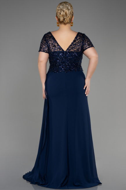 Long Navy Blue Chiffon Plus Size Engagement Dress ABU3731