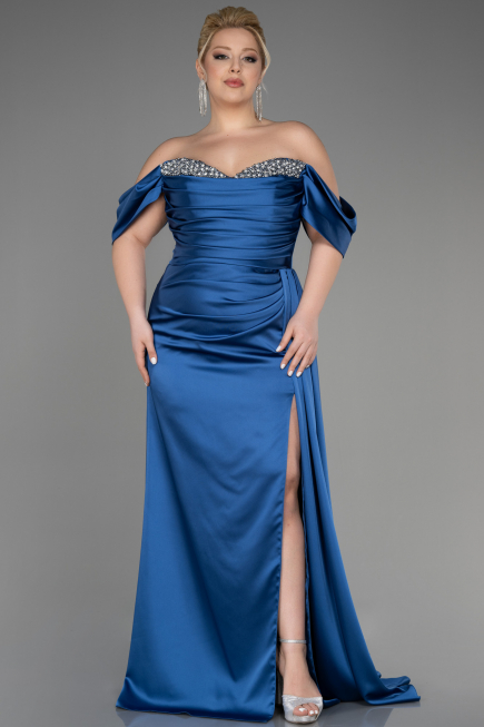 Long Indigo Satin Plus Size Engagement Dress ABU3655
