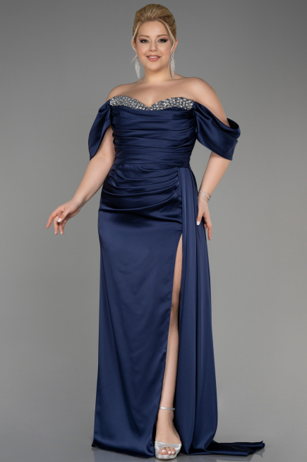 Long Navy Blue Satin Plus Size Engagement Dress ABU3655
