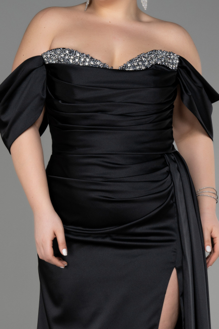 Long Black Satin Plus Size Engagement Dress ABU3655