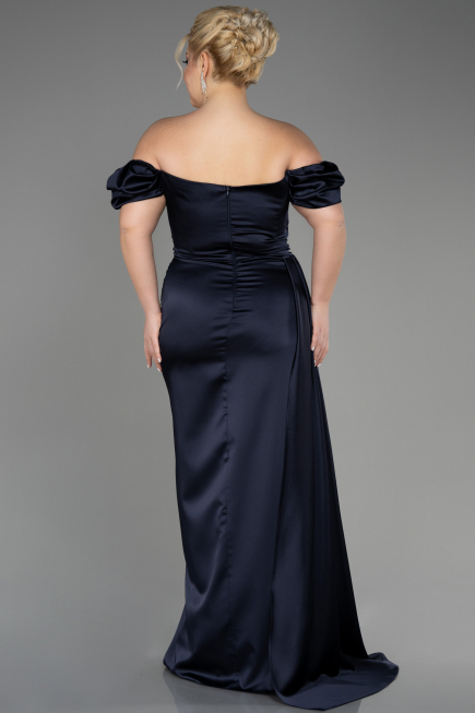 Navy Blue Long Satin Plus Size Evening Dress ABU1626