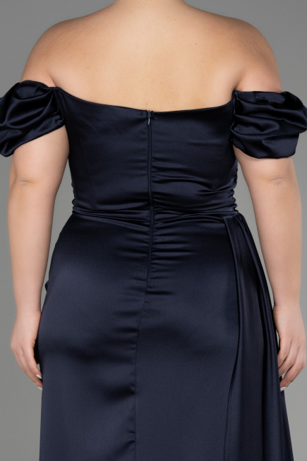 Navy Blue Long Satin Plus Size Evening Dress ABU1626