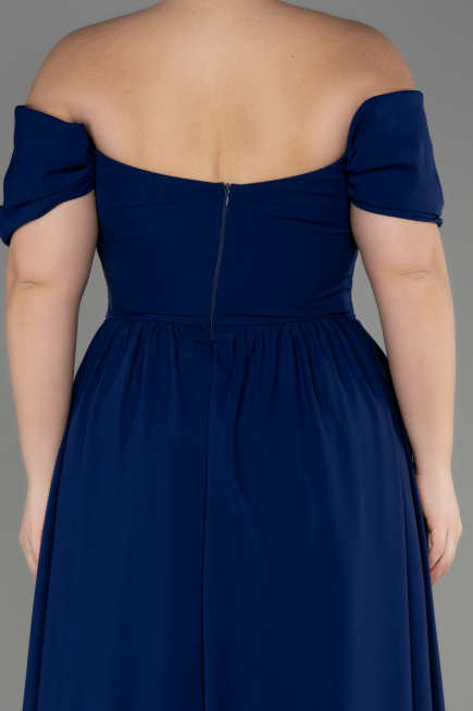 Long Navy Blue Chiffon Plus Size Evening Dress ABU3738