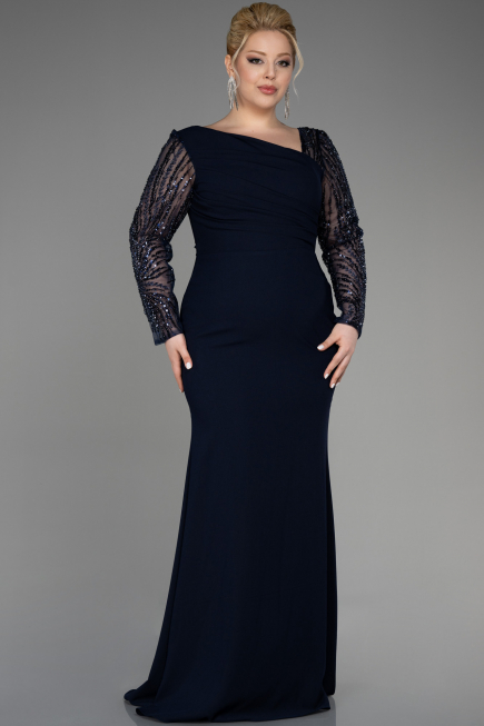 Long Navy Blue Plus Size Wedding Dress ABU3713