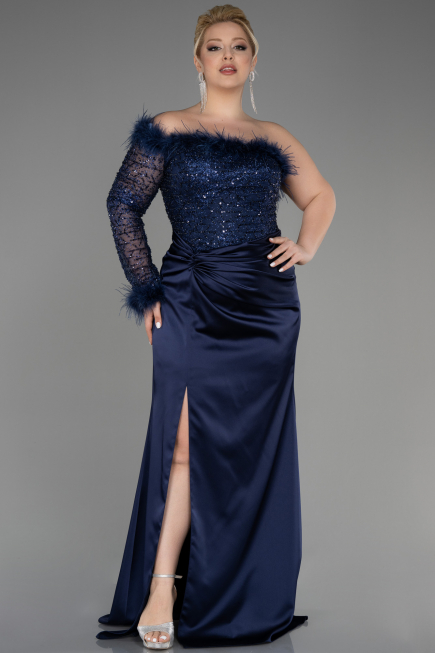 Long Navy Blue Satin Plus Size Engagement Dress ABU3741