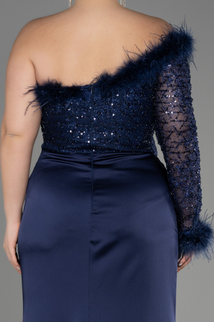 Long Navy Blue Satin Plus Size Engagement Dress ABU3741