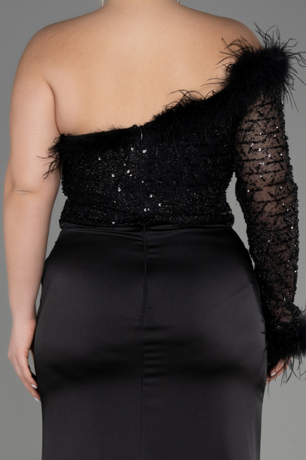 Long Black Satin Plus Size Engagement Dress ABU3741