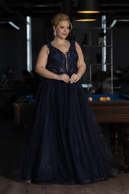 Long Navy Blue Plus Size Engagement Dress ABU3719